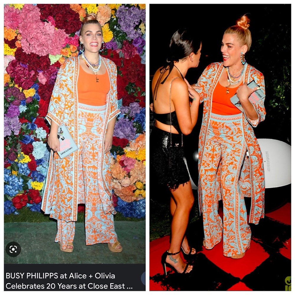 Alice + Olivia Athena Smocked Waistband Wide Leg Sienna Orange Blue Pant - Picture 6 of 17
